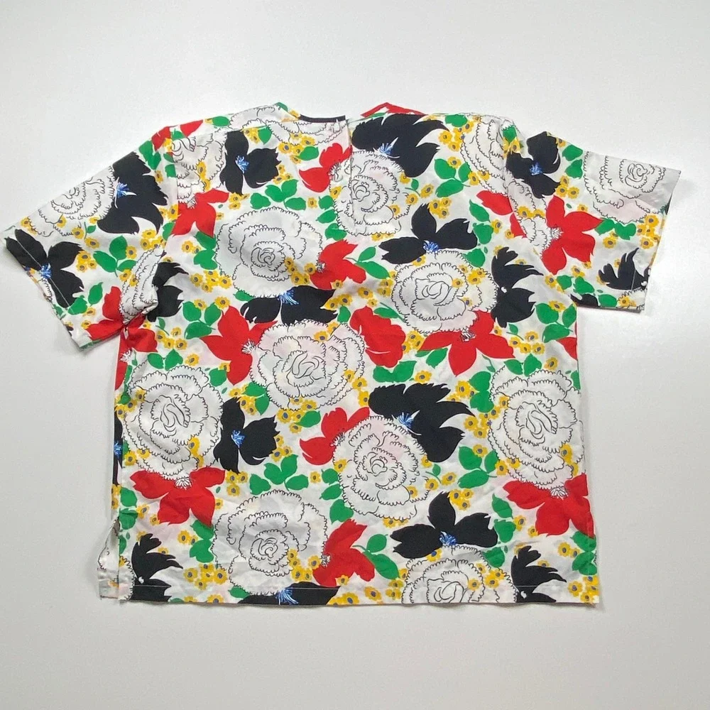 Josephine Vintage Floral Blouse Short Sleeve Shoulder Pads White Red Green Sz 14